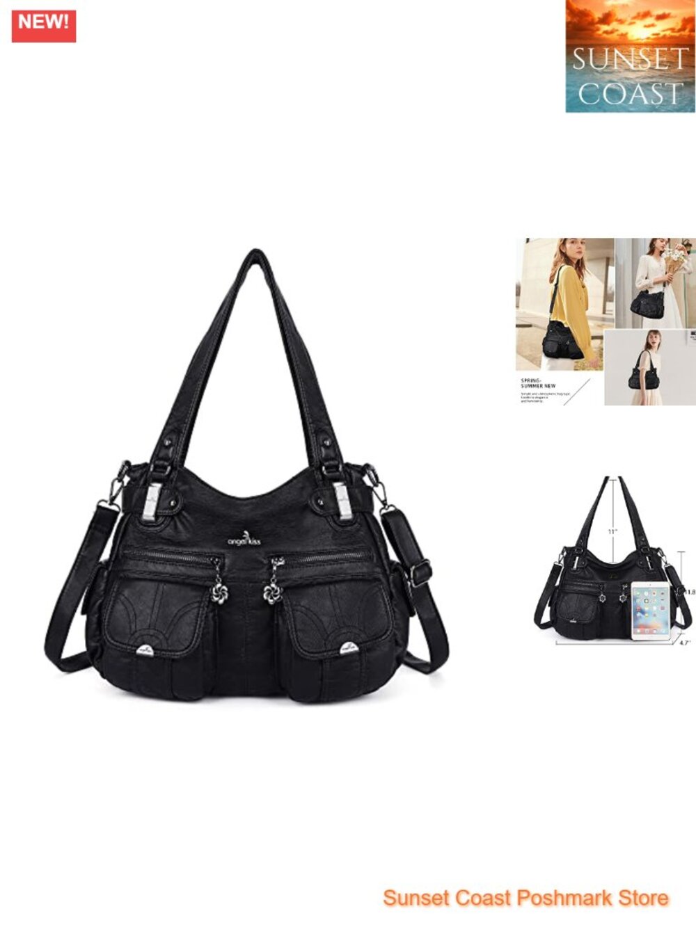 Designer Washed PU Leather Satchel Multi Pocket Double Zipper Purse